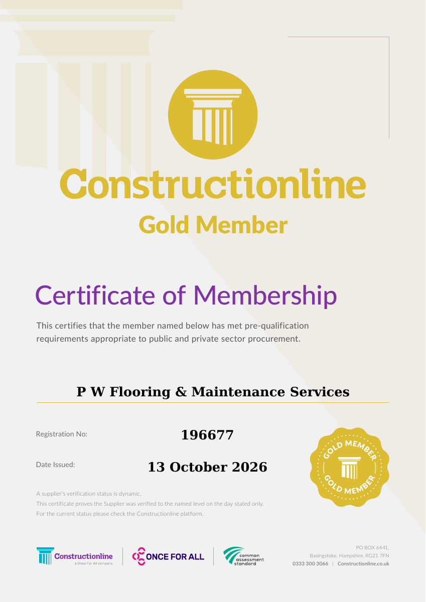 Constructionline Gold certificate for P W Flooring & Maintenance Services