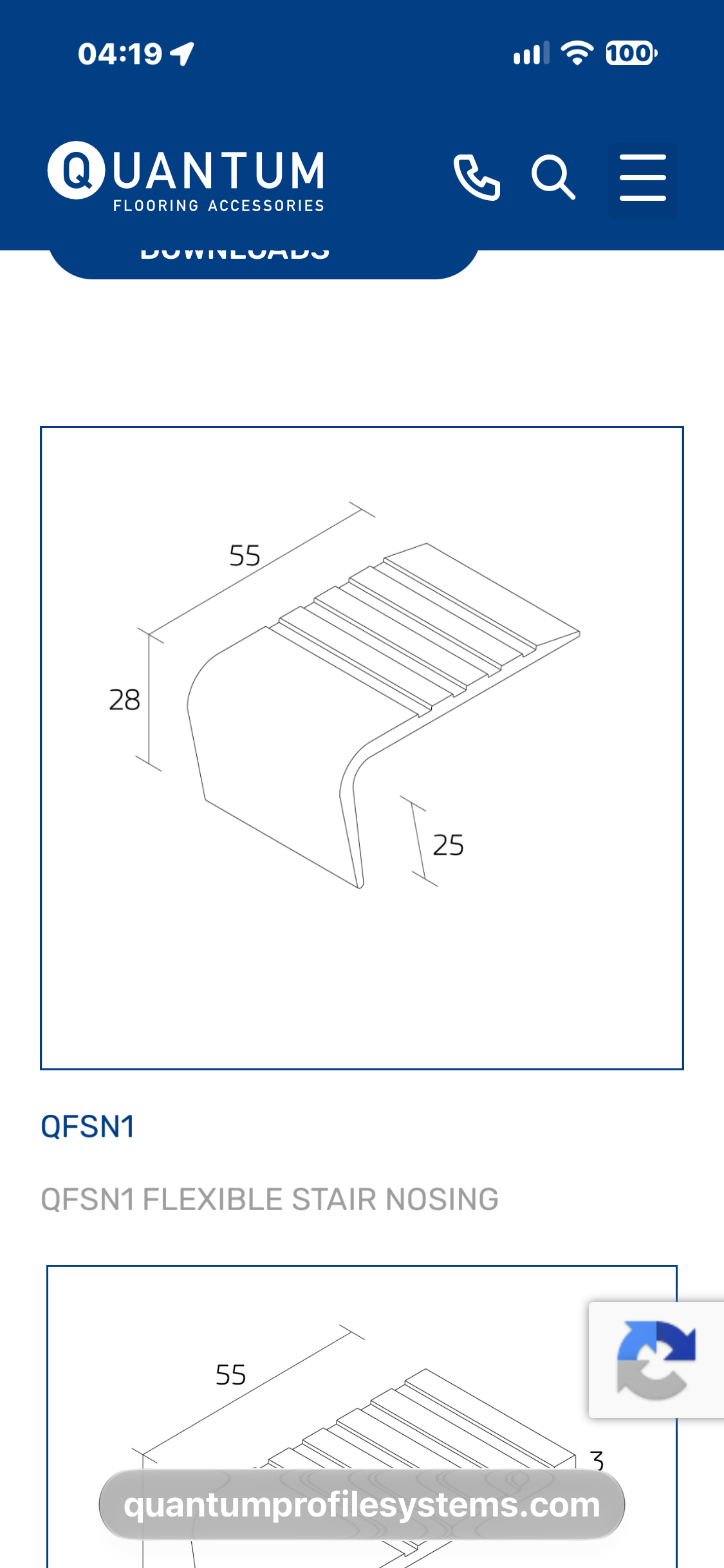 Quantum QFSN1 flexible stair nosing profile and dimensions (mm).