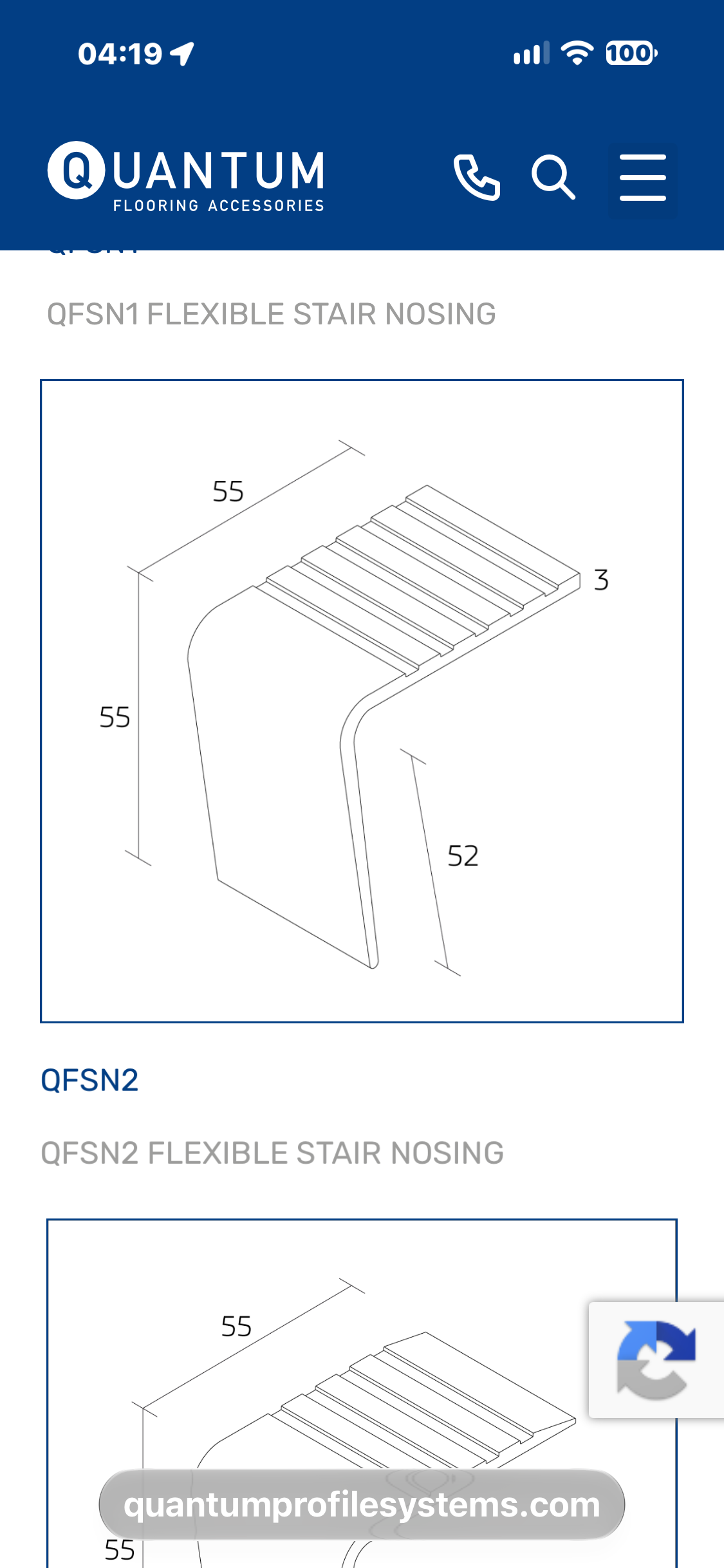 Quantum QFSN2 flexible stair nosing profile and dimensions (mm).