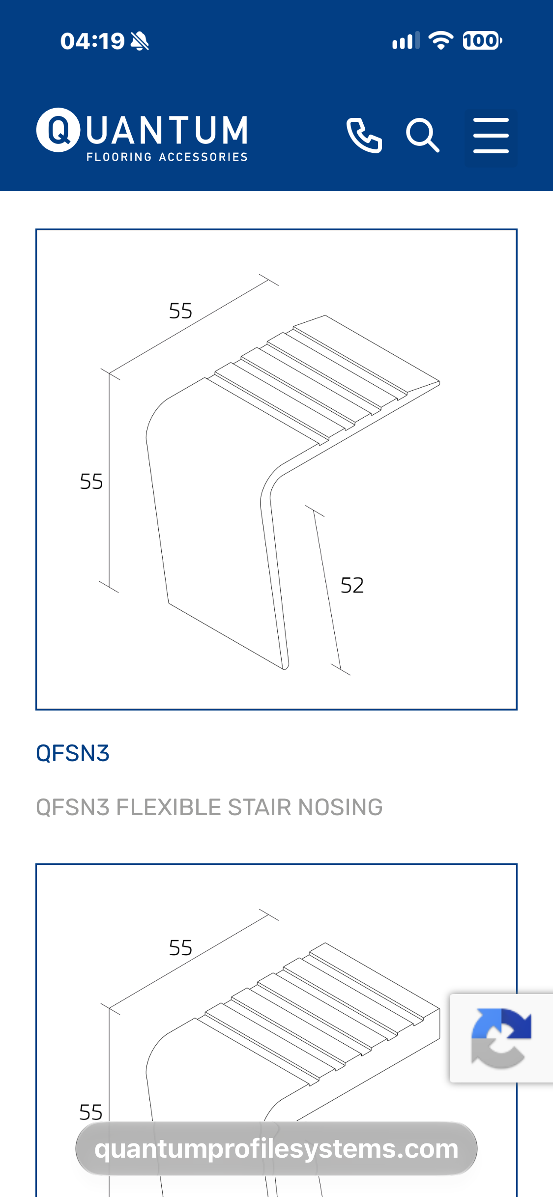 Quantum QFSN3 flexible stair nosing profile and dimensions (mm).