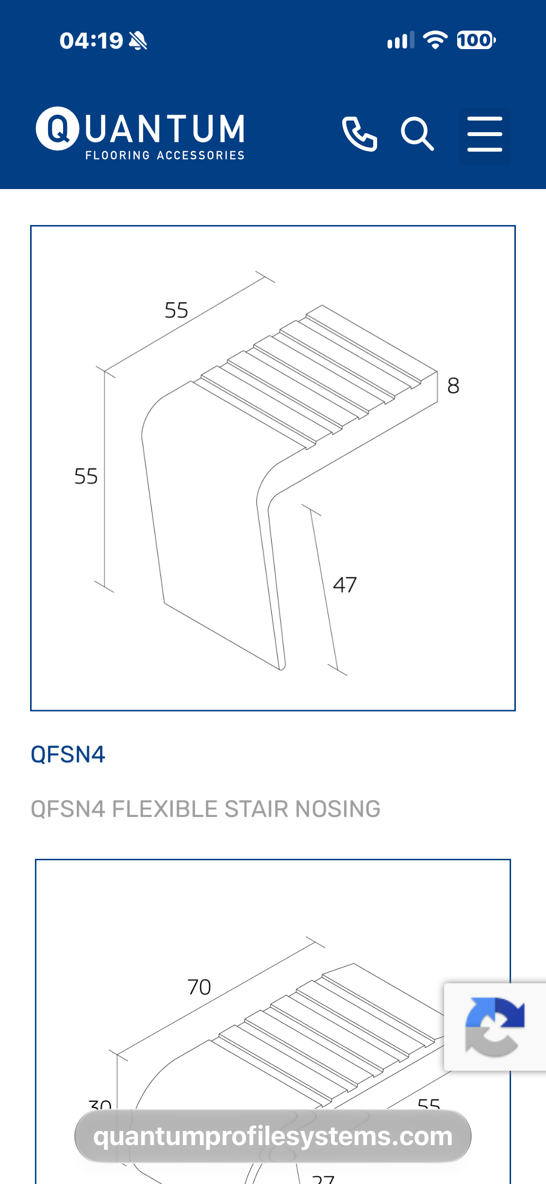 Quantum QFSN4 flexible stair nosing profile and dimensions (mm).