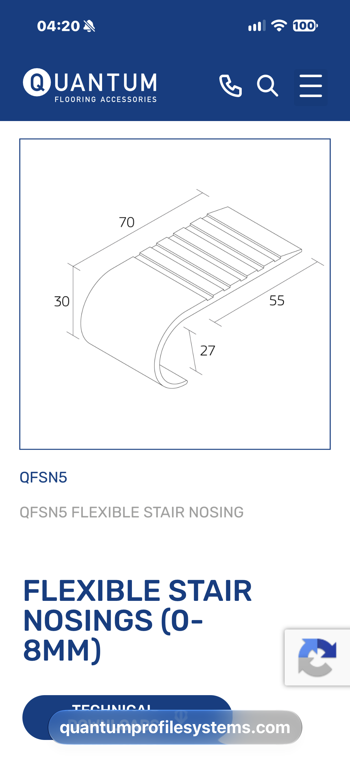 Quantum QFSN5 flexible stair nosing profile and dimensions (mm).